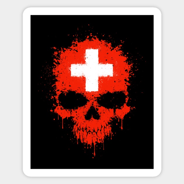 Chaotic Swiss Flag Splatter Skull Sticker by jeffbartels